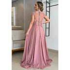 Vestido largo de corte A con apliques de encaje y mangas cortas para la madre de la novia 