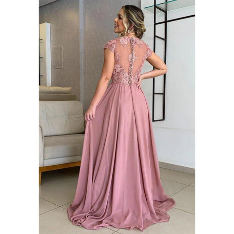 Vestido largo de corte A con apliques de encaje y mangas cortas para la madre de la novia 