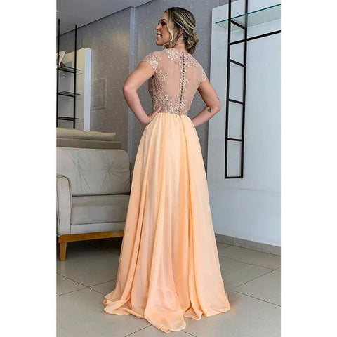 Vestido largo de corte A con apliques de encaje y mangas cortas para la madre de la novia 