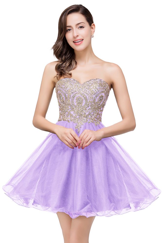 Vestidos cortos de fiesta con escote corazón y apliques de encaje de línea A