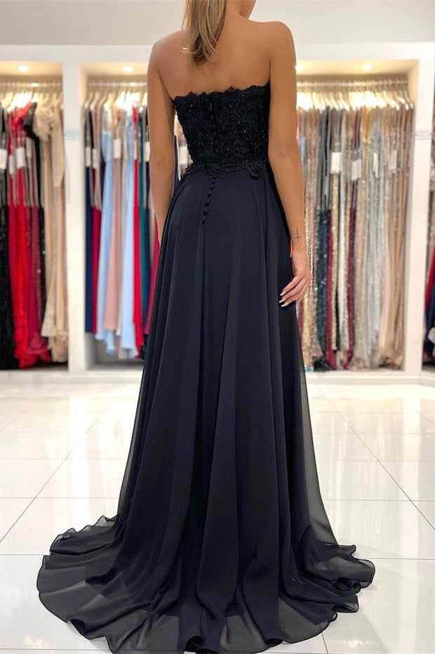 Vestido de fiesta largo de encaje con abertura frontal y corte en A. Vestido de noche con hombros descubiertos.