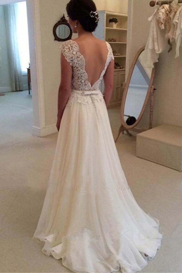 Robe de mariée longue de plage, dos nu, bustier en dentelle, coupe trapèze, modèle WD021
