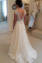 Robe de mariée longue de plage, dos nu, bustier en dentelle, coupe trapèze, modèle WD021