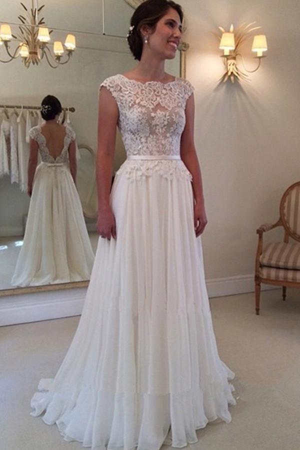 Robe de mariée longue de plage, dos nu, bustier en dentelle, coupe trapèze, modèle WD021