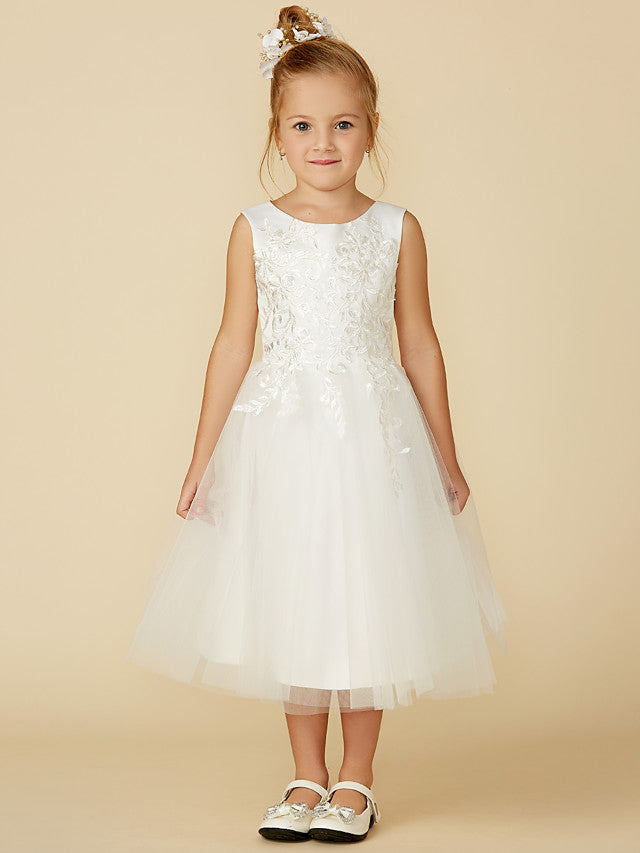 Vestidos de novia de corte A, de encaje y tul, sin mangas, con cuello joya, ideales para la primera comunión o como damita de honor.