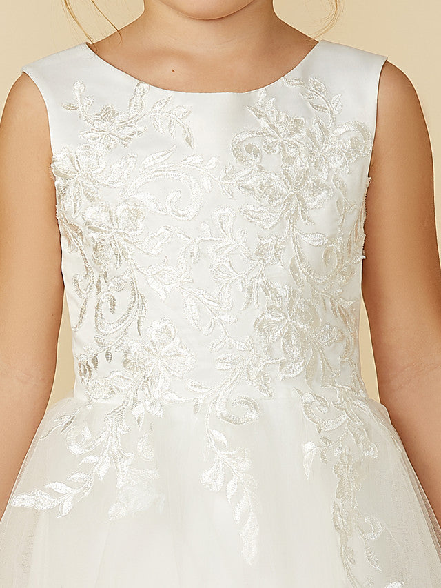 Robes de demoiselle d'honneur/mariage/première communion en dentelle et tulle, coupe trapèze, sans manches, col rond, col rond