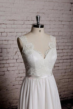Robe de mariée longue fourreau dos nu en dentelle, coupe trapèze, col en V, WD058
