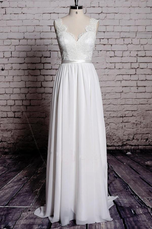 Robe de mariée longue fourreau dos nu en dentelle, coupe trapèze, col en V, WD058