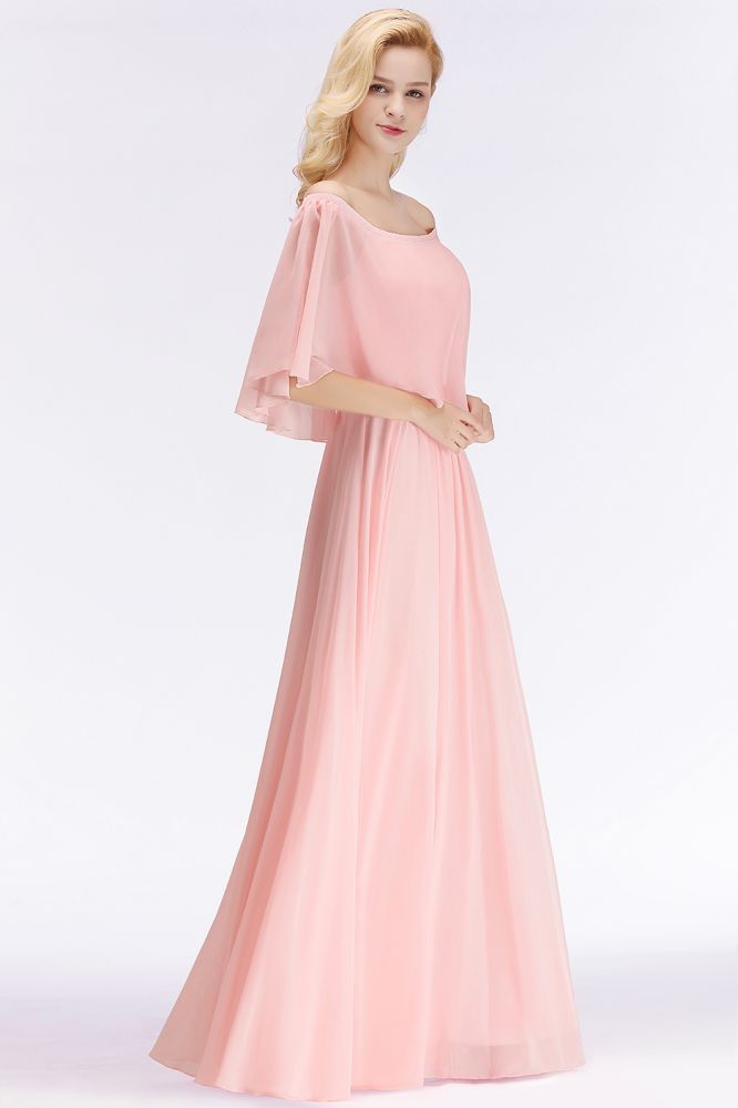Vestidos de dama de honor largos rosas con hombros descubiertos y corte en A, con mangas