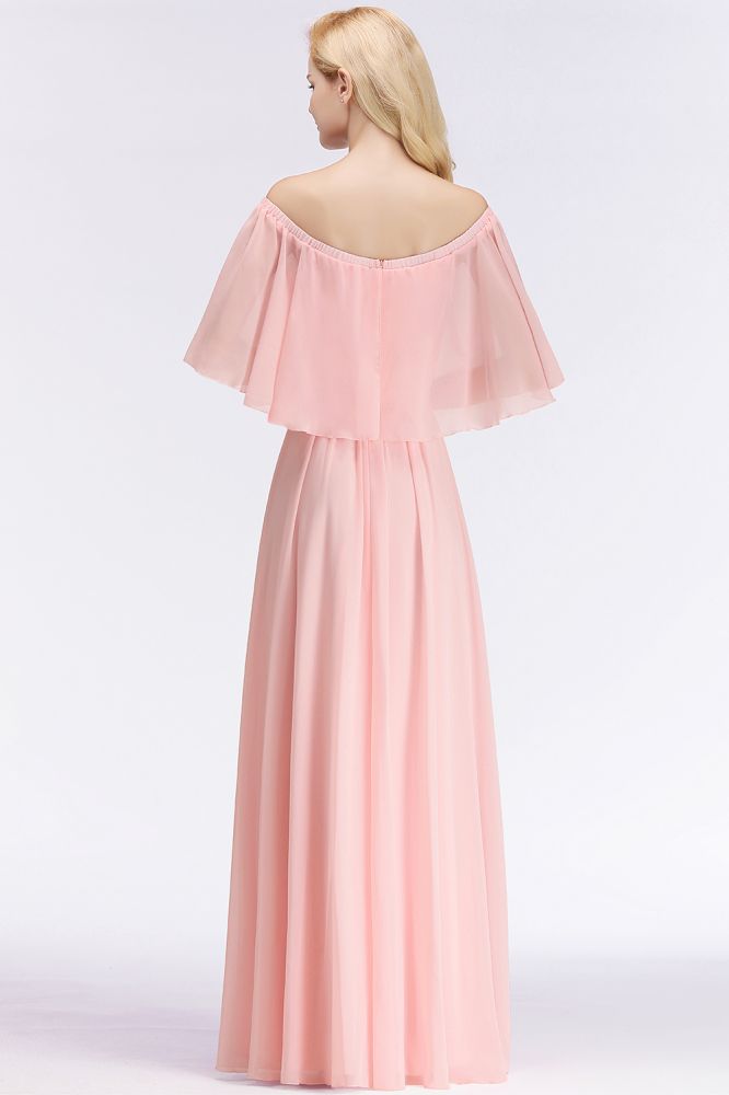 Vestidos de dama de honor largos rosas con hombros descubiertos y corte en A, con mangas