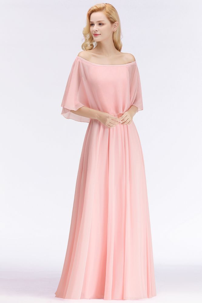 Robes de demoiselle d'honneur roses longues à épaules dénudées et manches, coupe trapèze