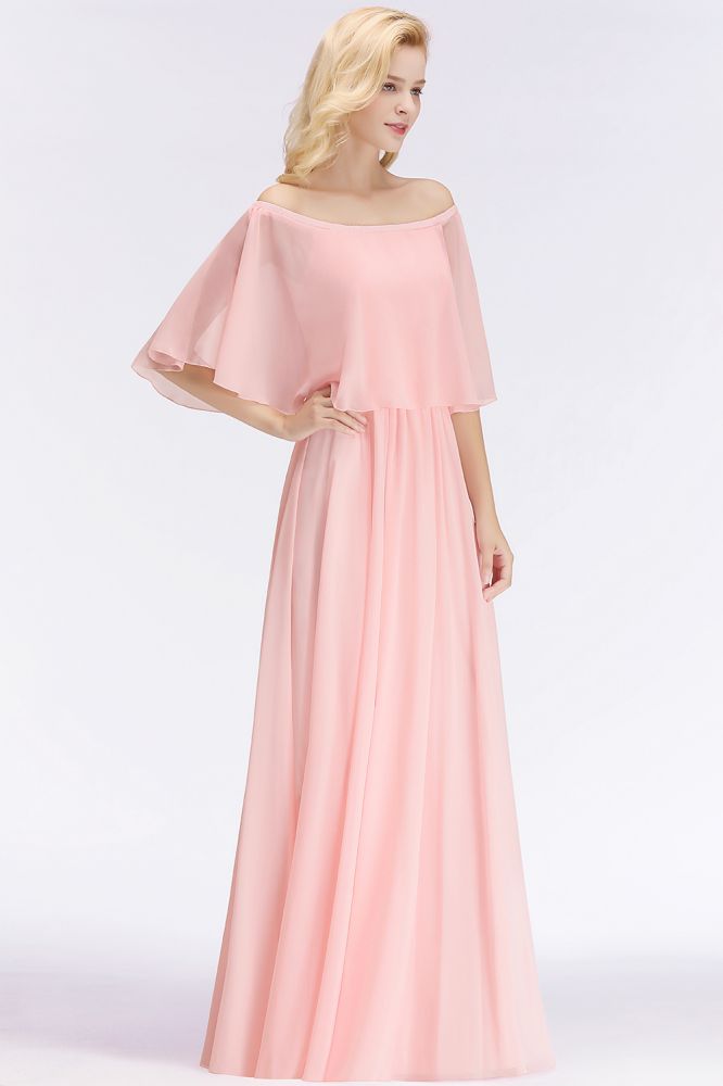 Vestidos de dama de honor largos rosas con hombros descubiertos y corte en A, con mangas