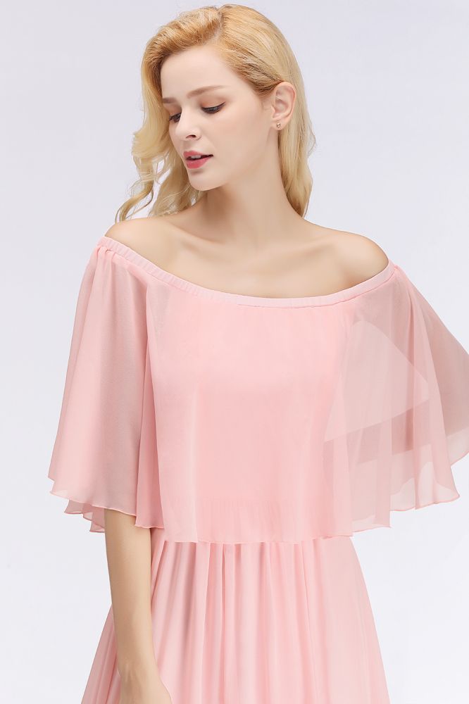 Robes de demoiselle d'honneur roses longues à épaules dénudées et manches, coupe trapèze