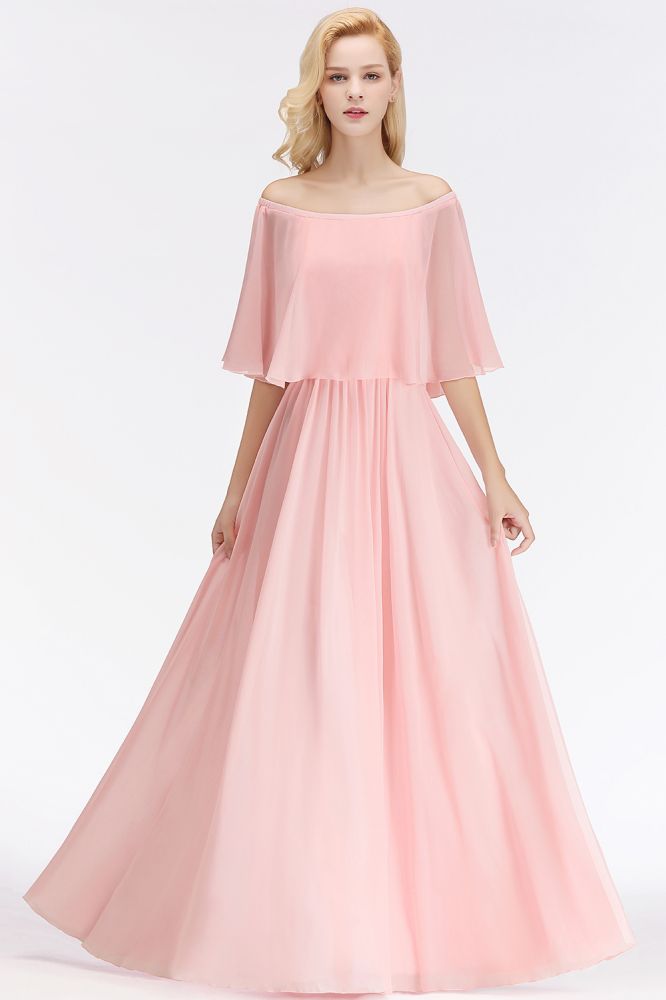 Robes de demoiselle d'honneur roses longues à épaules dénudées et manches, coupe trapèze