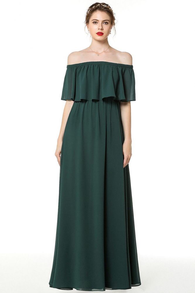 Vestidos de dama de honor largos rosas con hombros descubiertos y corte en A, con mangas