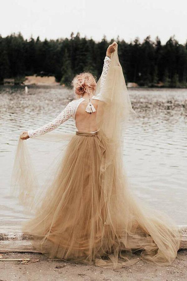 Robe de mariée princesse trapèze à manches longues et dos nu WD484