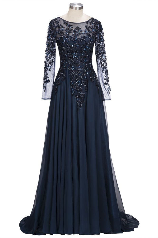 Vestidos de fiesta de tul con cristales, corte en A, manga larga, tallas grandes, hasta el suelo
