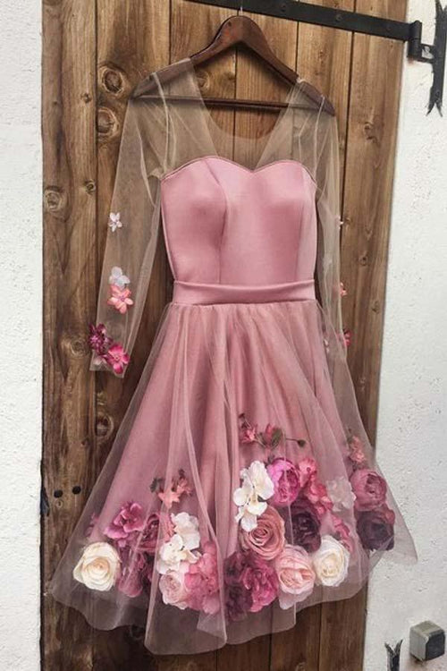 A Line Long Sleeves Short White Floral Prom Dresses Homecoming Dresses PD346