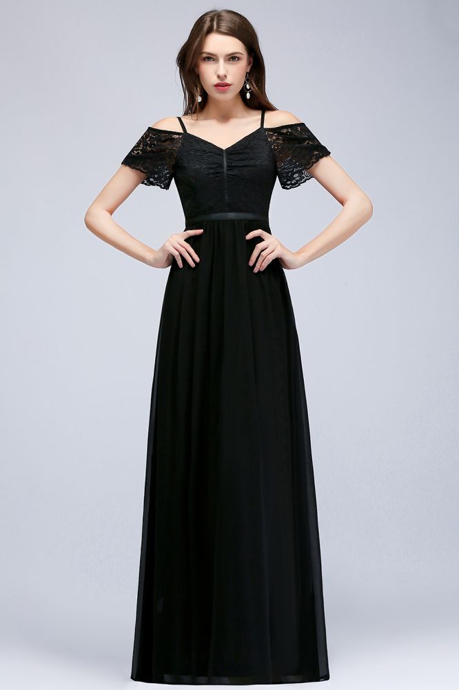 Robe de demoiselle d'honneur en mousseline de soie noire, coupe trapèze, bretelles spaghetti et col en V