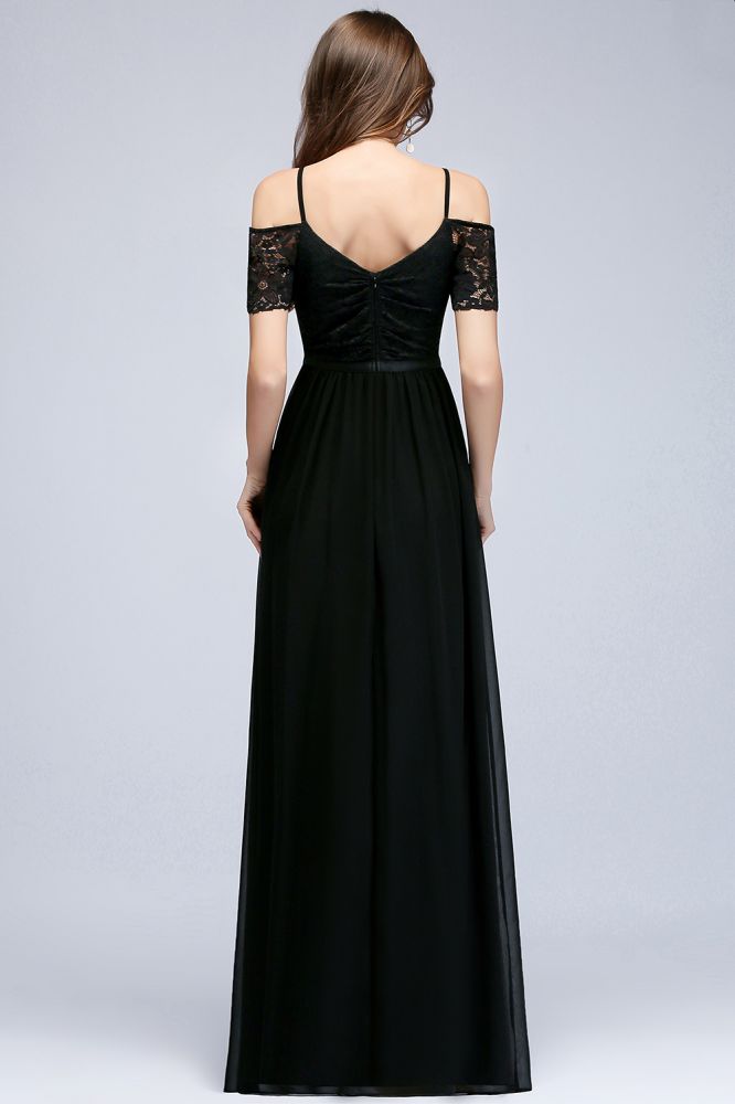Robe de demoiselle d'honneur en mousseline de soie noire, coupe trapèze, bretelles spaghetti et col en V