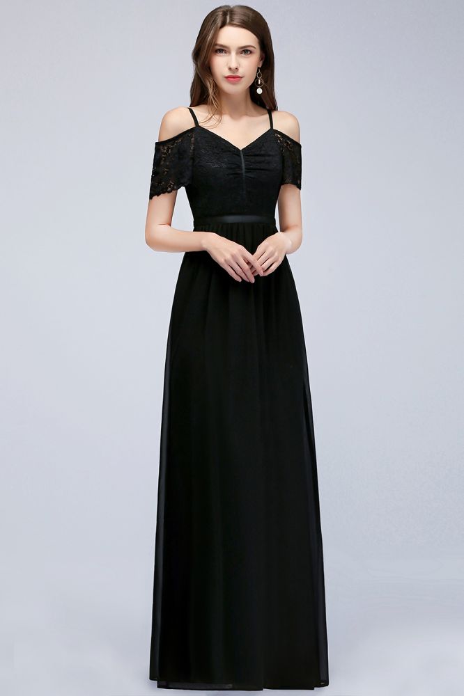 Robe de demoiselle d'honneur en mousseline de soie noire, coupe trapèze, bretelles spaghetti et col en V