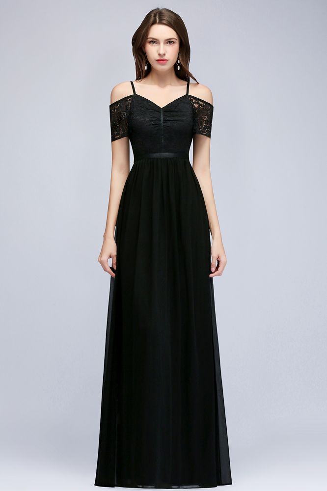 Robe de demoiselle d'honneur en mousseline de soie noire, coupe trapèze, bretelles spaghetti et col en V