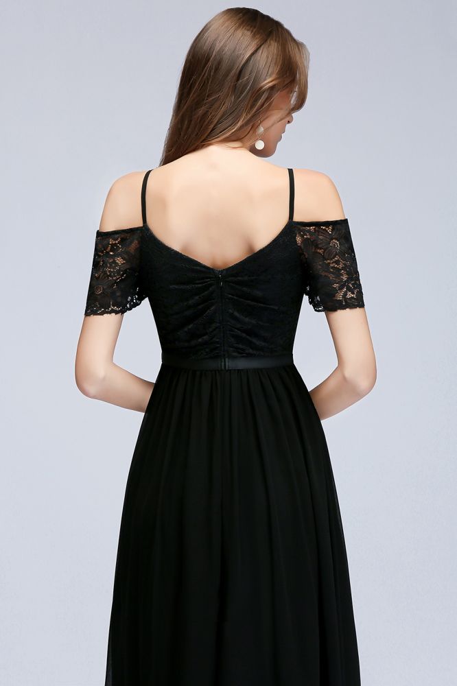 Robe de demoiselle d'honneur en mousseline de soie noire, coupe trapèze, bretelles spaghetti et col en V