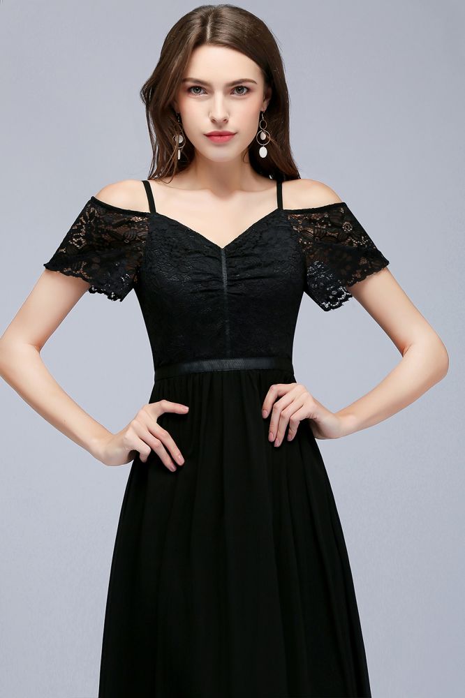 Robe de demoiselle d'honneur en mousseline de soie noire, coupe trapèze, bretelles spaghetti et col en V