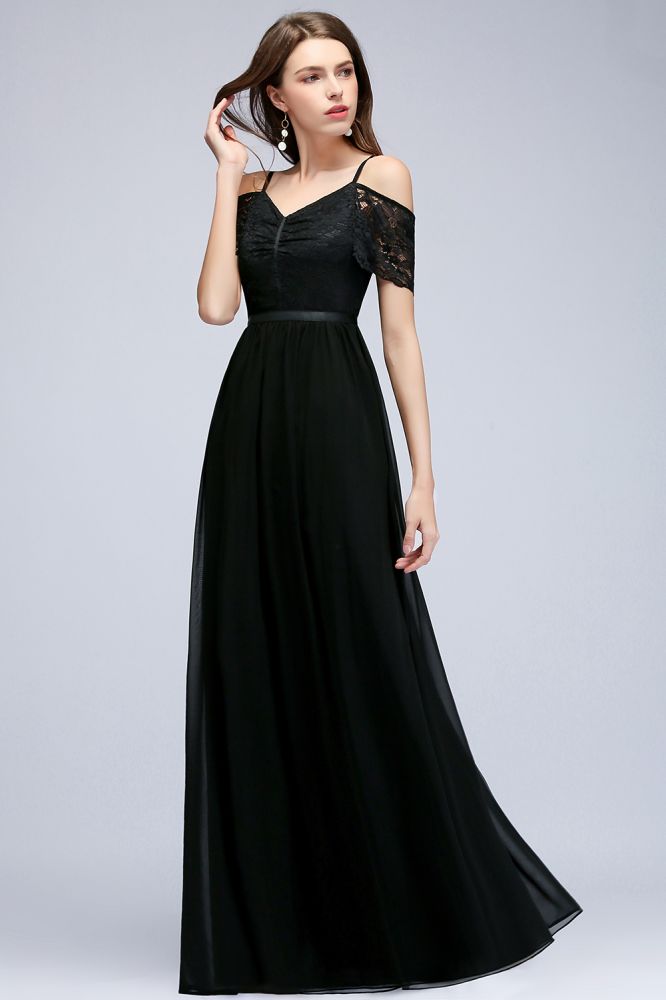 Robe de demoiselle d'honneur en mousseline de soie noire, coupe trapèze, bretelles spaghetti et col en V