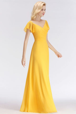 A-line Long V-neck Short Sleeves Yellow Chiffon Bridesmaid Dresses
