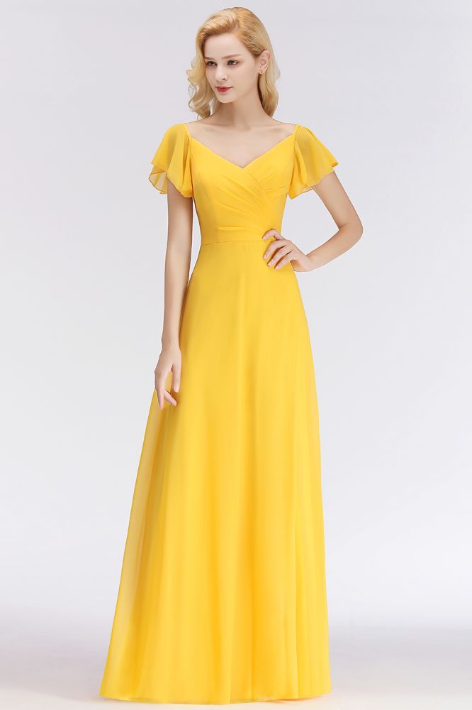 Vestidos de dama de honor amarillos de gasa, corte en A, escote largo en V y manga corta