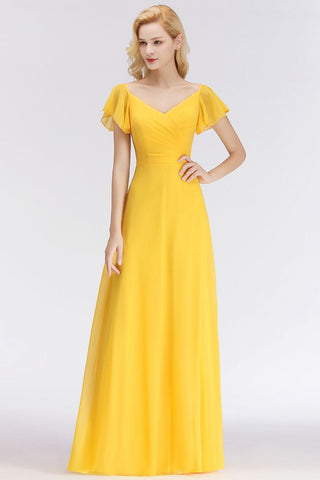 A-line Long V-neck Short Sleeves Yellow Chiffon Bridesmaid Dresses