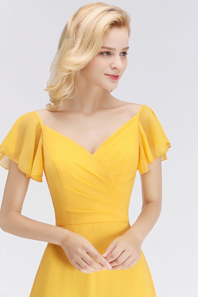Vestidos de dama de honor amarillos de gasa, corte en A, escote largo en V y manga corta