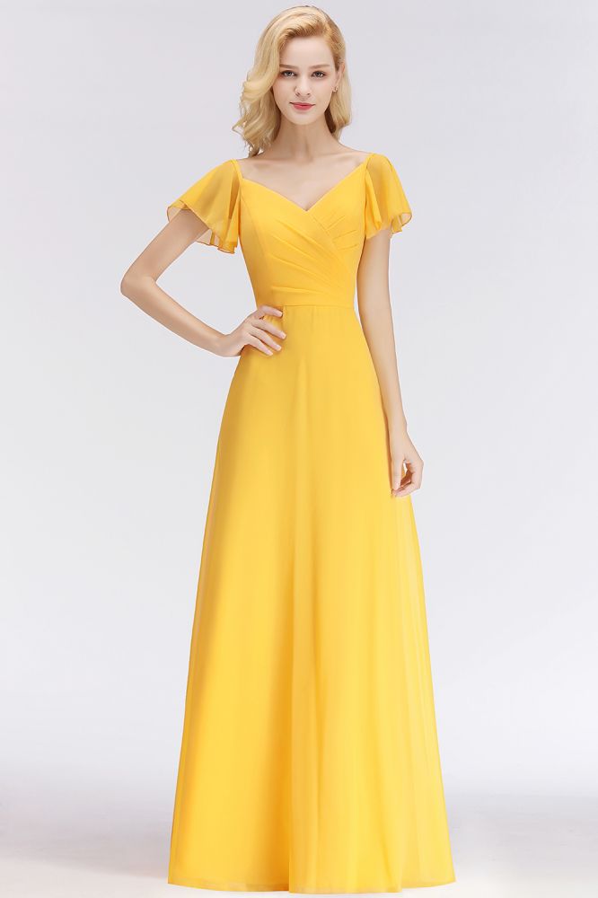 Vestidos de dama de honor amarillos de gasa, corte en A, escote largo en V y manga corta