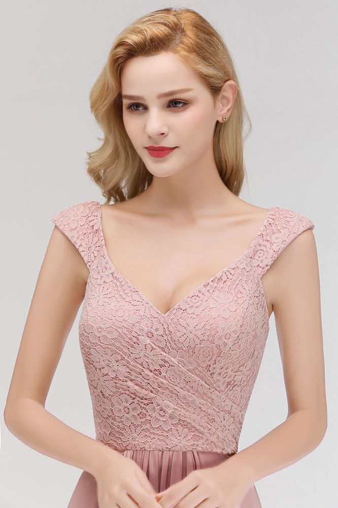 Robe de soirée longue trapèze sans manches à col en V et haut en dentelle, robe de demoiselle d'honneur en mousseline.