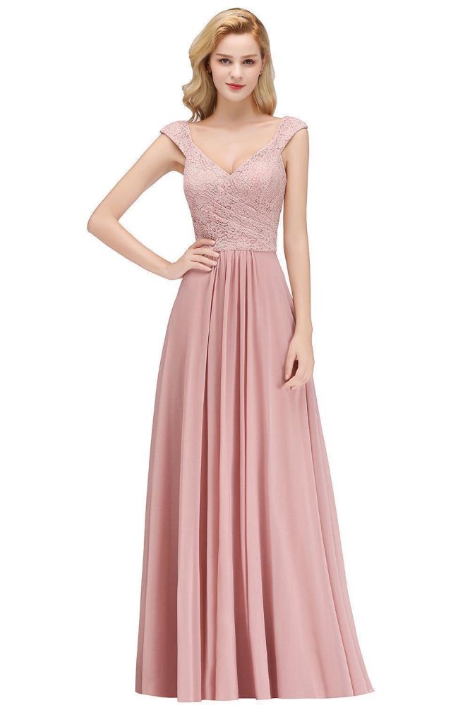 Robe de soirée longue trapèze sans manches à col en V et haut en dentelle, robe de demoiselle d'honneur en mousseline.