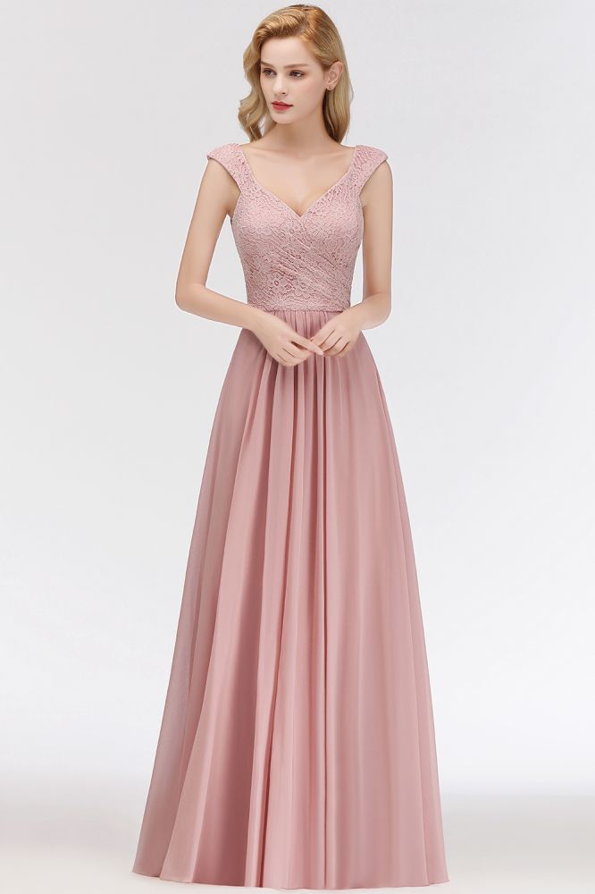 Robe de soirée longue trapèze sans manches à col en V et haut en dentelle, robe de demoiselle d'honneur en mousseline.