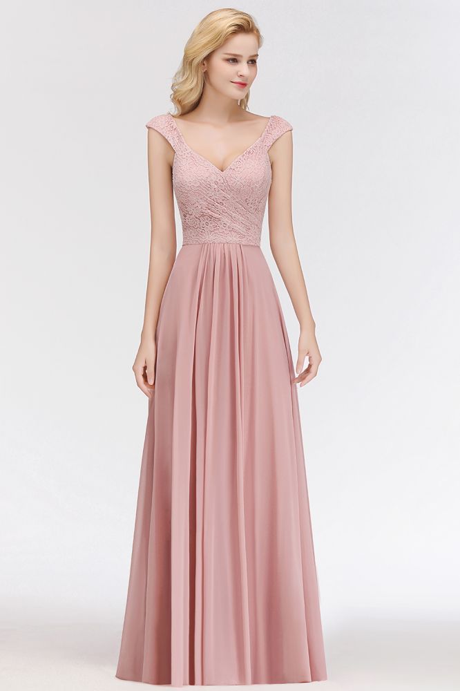 Robe de soirée longue trapèze sans manches à col en V et haut en dentelle, robe de demoiselle d'honneur en mousseline.