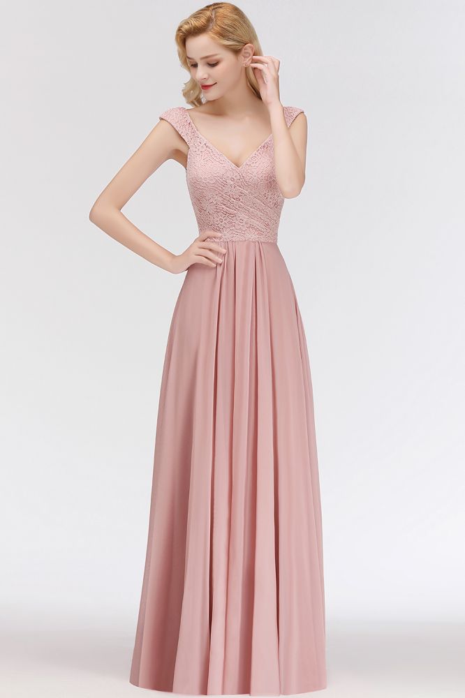 Robe de soirée longue trapèze sans manches à col en V et haut en dentelle, robe de demoiselle d'honneur en mousseline.