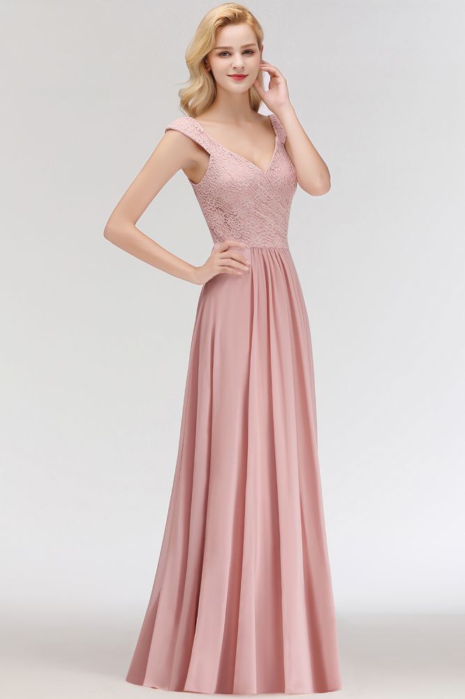 Robe de soirée longue trapèze sans manches à col en V et haut en dentelle, robe de demoiselle d'honneur en mousseline.
