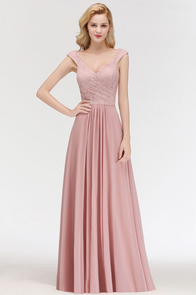 Robe de soirée longue trapèze sans manches à col en V et haut en dentelle, robe de demoiselle d'honneur en mousseline.