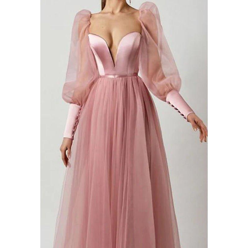 Vestido largo de noche de fiesta, corte en A, escote en V pronunciado, mangas largas y tul plisado.