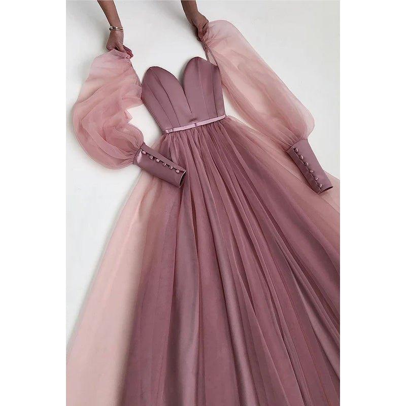 Vestido largo de noche de fiesta, corte en A, escote en V pronunciado, mangas largas y tul plisado.