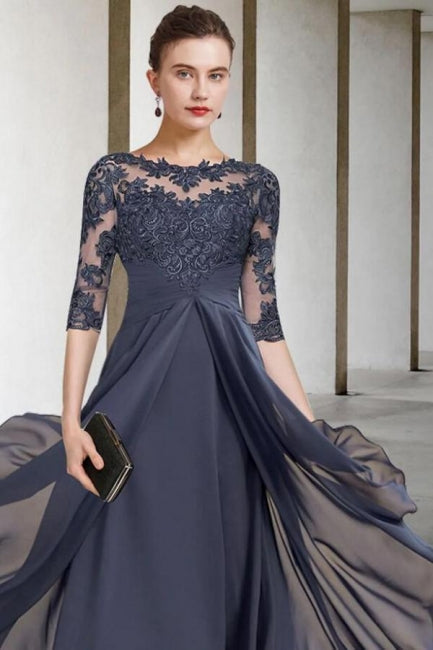 Robe trapèze pour la mère de la mariée, grande taille, longueur cheville, mousseline et dentelle, manches courtes