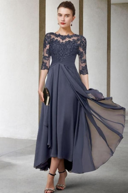 Robe trapèze pour la mère de la mariée, grande taille, longueur cheville, mousseline et dentelle, manches courtes