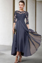 Robe trapèze pour la mère de la mariée, grande taille, longueur cheville, mousseline et dentelle, manches courtes