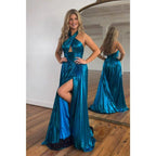 Vestido largo de fiesta de noche, corte en A, azul marino, satén, escote halter cruzado