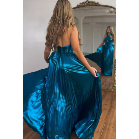 Vestido largo de fiesta de noche, corte en A, azul marino, satén, escote halter cruzado