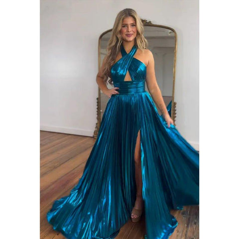 Vestido largo de fiesta de noche, corte en A, azul marino, satén, escote halter cruzado
