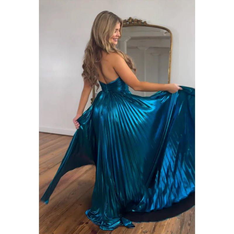 Vestido largo de fiesta de noche, corte en A, azul marino, satén, escote halter cruzado